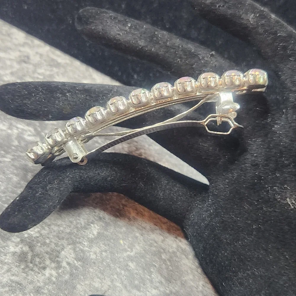 Vintage Aurora Borealis AB Rhinestone Double Row Hair Barrette Silver Tone Clip